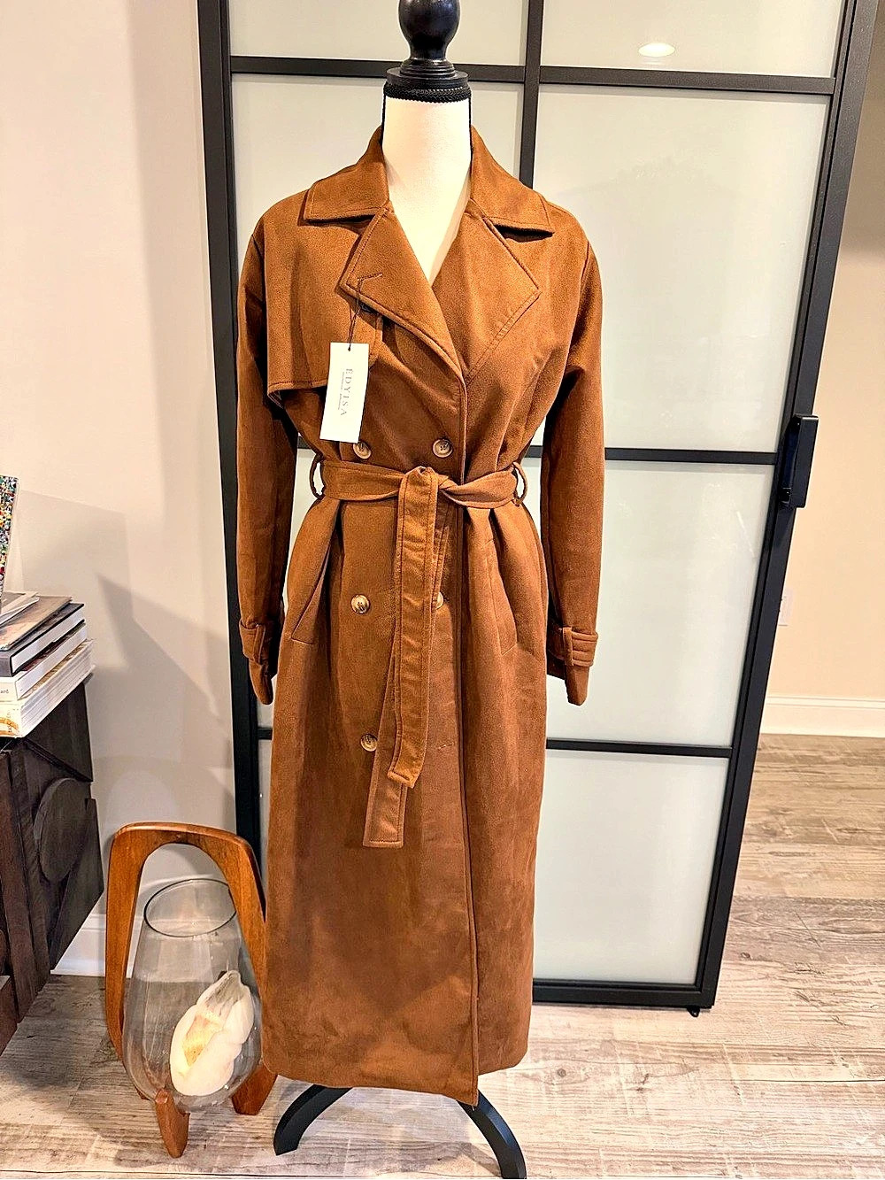 Edyisa Brown Faux Suede Trench Coat with Belted Waist and Wide Lapels